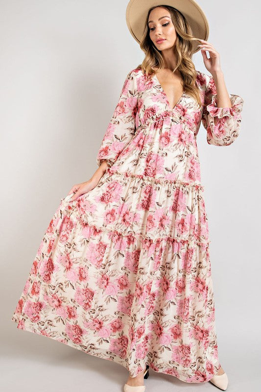 long sleeve pink floral maxi dress Floral Print Maxi Dress in Blush Pink With High Neckline| Oh Pretty Blush Pink / L