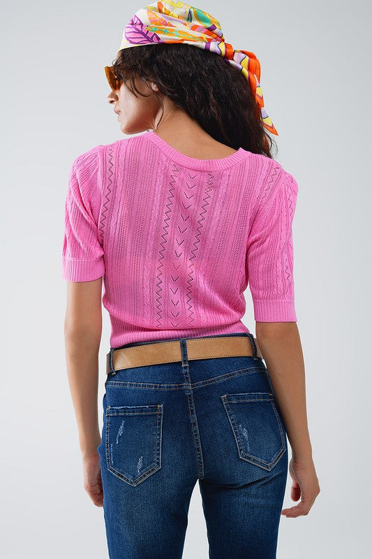 Pink Short Sleeve Sweater Top