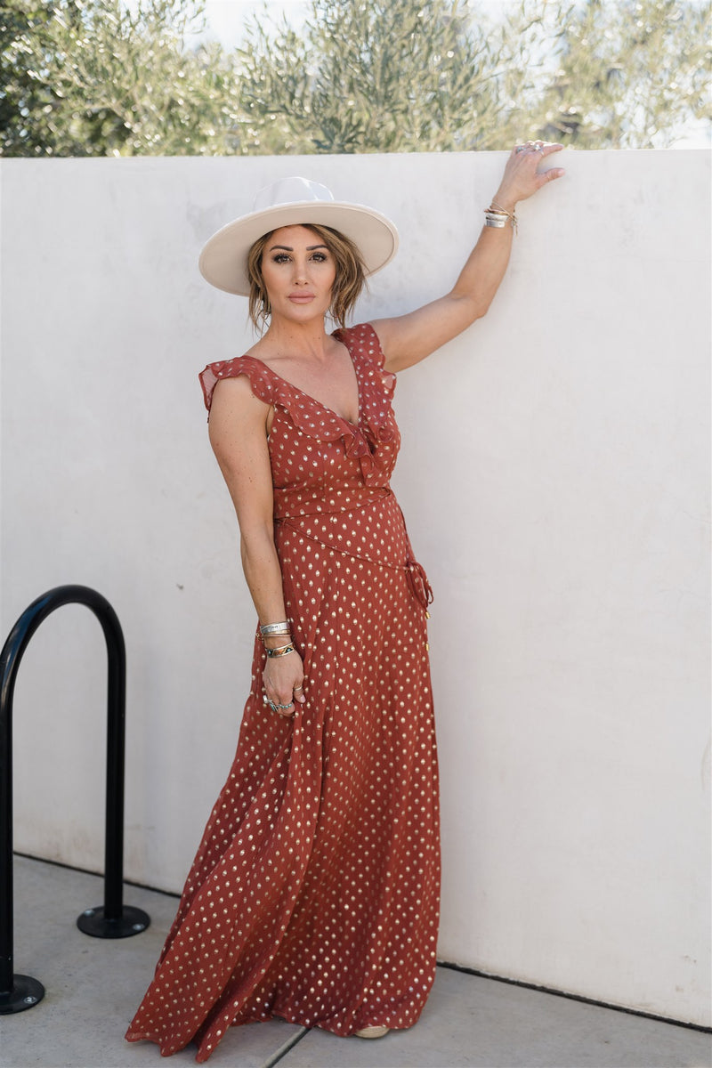 Golden Sunset Maxi Dress Rust Top Shelf Wardrobe Golden Sunset Maxi Dress Rust Top Shelf Wardrobe
